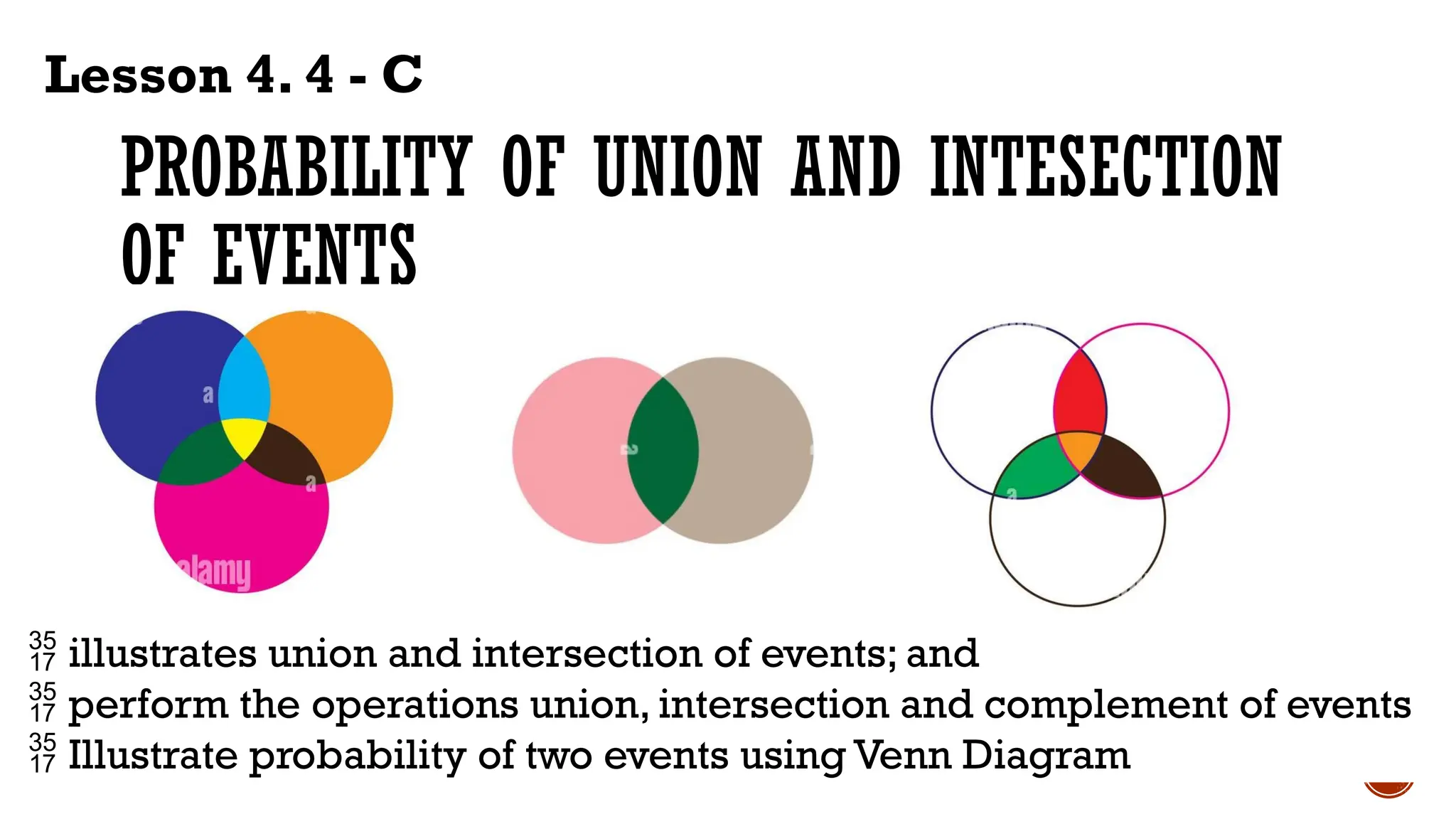PROBABILITY OF UNION AND INTESECTION
OF EVENTS
Lesson 4. 4 - C
 illustrates union and intersection of events; and
 perform the operations union, intersection and complement of events
 Illustrate probability of two events using Venn Diagram
 