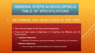 GENERAL STEPS IN DEVELOPING A
TABLE OF SPECIFICATIONS
1. DETERMINE THE OBJECTIVES OF THE TEST
 This must be based on the instructional objectives.
 There are three types of objectives: (1) Cognitive, (2) Affective, and (3)
Psychomotor.
 Cognitive Objectives
 Designed to increase an individuals knowledge, understanding, and awareness.
 Affective Objectives
 Aims to change an individual’s attitude into something desirable.
 