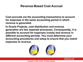 Copyright © 2006, Oracle. All rights reserved.
Revenue-Based Cost Accrual
Cost accruals are the accounting transactions to account
for expenses in the same accounting period in which
revenue is generated.
In Oracle Projects, cost distribution and revenue
generation are two separate processes. Consequently, it is
possible to account for expenses (costs) and revenue in
different accounting periods. You must determine your
accounting procedures and setup to ensure that you match
expenses to revenue.
 