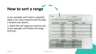How to sort a range
In our example, we’ll select a separate
table in our class record to sort the days
a student was absent.
1. Select the cell range you want to sort.
In our example, we’ll select cell range
A13:C16.
9/3/20XX Presentation Title 52
 