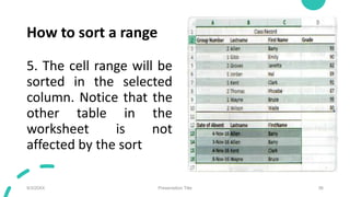 How to sort a range
5. The cell range will be
sorted in the selected
column. Notice that the
other table in the
worksheet is not
affected by the sort
9/3/20XX Presentation Title 56
 