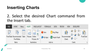 Inserting Charts
2. Select the desired Chart command from
the Insert tab.
9/3/20XX Presentation Title 84
 