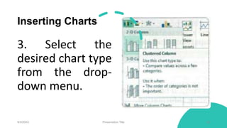 Inserting Charts
3. Select the
desired chart type
from the drop-
down menu.
9/3/20XX Presentation Title 85
 