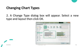 Changing Chart Types
2. A Change Type dialog box will appear. Select a new
type and layout then click OK.
9/3/20XX Presentation Title 88
 