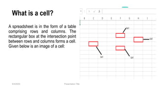 What is a cell?
A spreadsheet is in the form of a table
comprising rows and columns. The
rectangular box at the intersection point
between rows and columns forms a cell.
Given below is an image of a cell:
9/3/20XX Presentation Title 9
 