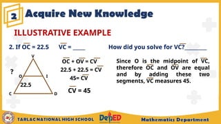 Acquire New Knowledge
2
ILLUSTRATIVE EXAMPLE
V
I
D
C
O
2. If OC = 22.5 VC = _____ How did you solve for VC?_________
OC + OV = CV Since O is the midpoint of VC,
therefore OC and OV are equal
and by adding these two
segments, VC measures 45.
?
22.5
22.5 + 22.5 = CV
45= CV
CV = 45
 