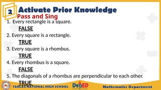 Activate Prior Knowledge
2
Pass and Sing
1. Every rectangle is a square.
FALSE
2. Every square is a rectangle.
TRUE
3. Every square is a rhombus.
TRUE
4. Every rhombus is a square.
FALSE
5. The diagonals of a rhombus are perpendicular to each other.
TRUE
 