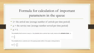 Formula for calculation of important
parameters in the queue
• λ= the arrival rate (average number of arrivals per time period)
• µ = the service rate (average number served per time period)
• µ > λ
 