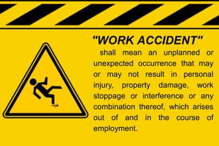 shall mean an unplanned or
unexpected occurrence that may
or may not result in personal
injury, property damage, work
stoppage or interference or any
combination thereof, which arises
out of and in the course of
employment.
"WORK ACCIDENT"
 