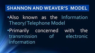 SHANNON AND WEAVER’S MODEL
•Also known as the Information
Theory/Telephone Model
•Primarily concerned with the
transmission of electronic
information
 