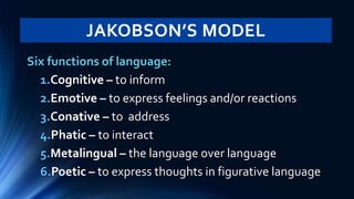 JAKOBSON’S MODEL
Six functions of language:
1.Cognitive – to inform
2.Emotive – to express feelings and/or reactions
3.Conative – to address
4.Phatic – to interact
5.Metalingual – the language over language
6.Poetic – to express thoughts in figurative language
 
