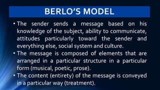 BERLO’S MODEL
• The sender sends a message based on his
knowledge of the subject, ability to communicate,
attitudes particularly toward the sender and
everything else, social system and culture.
• The message is composed of elements that are
arranged in a particular structure in a particular
form (musical, poetic, prose).
• The content (entirety) of the message is conveyed
in a particular way (treatment).
 