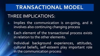 TRANSACTIONAL MODEL
THREE IMPLICATIONS:
1. Implies the communication is on-going, and it
involves also continuing changing process
2. Each element of the transactional process exists
in relation to the other elements.
3. Individual background experiences, attitudes,
cultural beliefs, self-esteem play important role
in the communication process
 