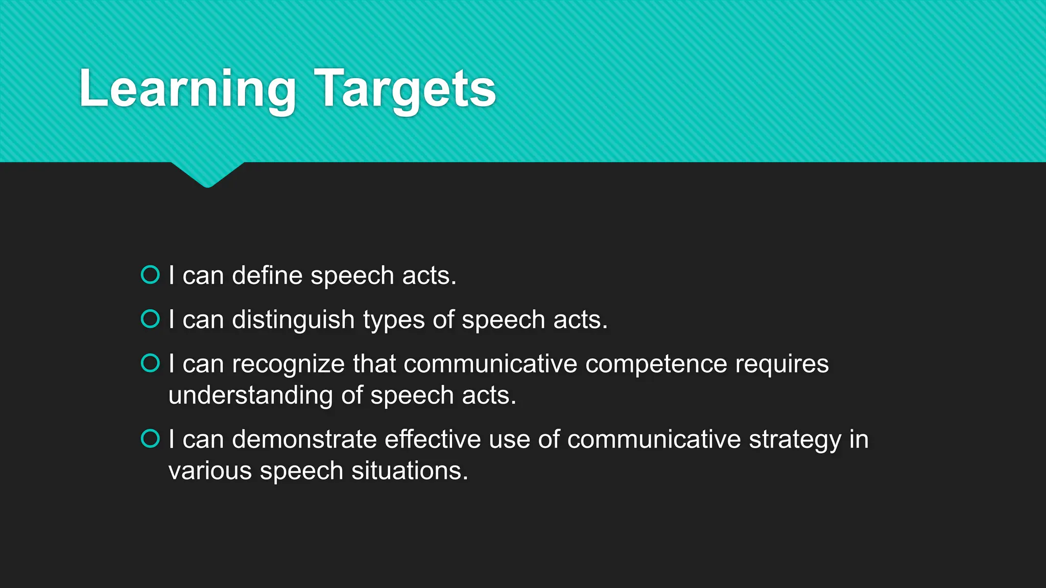 Learning Targets
 I can define speech acts.
 I can distinguish types of speech acts.
 I can recognize that communicative competence requires
understanding of speech acts.
 I can demonstrate effective use of communicative strategy in
various speech situations.
 