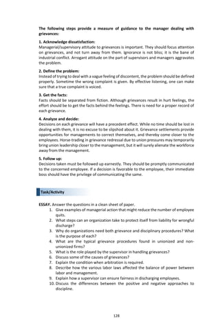128
The following steps provide a measure of guidance to the manager dealing with
grievances:
1. Acknowledge dissatisfaction:
Managerial/supervisory attitude to grievances is important. They should focus attention
on grievances, and not turn away from them. Ignorance is not bliss; it is the bane of
industrial conflict. Arrogant attitude on the part of supervisors and managers aggravates
the problem.
2. Define the problem:
Instead of trying to deal with a vague feeling of discontent, the problem should be defined
properly. Sometime the wrong complaint is given. By effective listening, one can make
sure that a true complaint is voiced.
3. Get the facts:
Facts should be separated from fiction. Although grievances result in hurt feelings, the
effort should be to get the facts behind the feelings. There is need for a proper record of
each grievance.
4. Analyze and decide:
Decisions on each grievance will have a precedent effect. While no time should be lost in
dealing with them, it is no excuse to be slipshod about it. Grievance settlements provide
opportunities for managements to correct themselves, and thereby come closer to the
employees. Horse-trading in grievance redressal due to union pressures may temporarily
bring union leadership closer to the management, but it will surely alienate the workforce
away from the management.
5. Follow up:
Decisions taken must be followed up earnestly. They should be promptly communicated
to the concerned employee. If a decision is favorable to the employee, their immediate
boss should have the privilege of communicating the same.
ESSAY. Answer the questions in a clean sheet of paper.
1. Give examples of managerial action that might reduce the number of employee
quits.
2. What steps can an organization take to protect itself from liability for wrongful
discharge?
3. Why do organizations need both grievance and disciplinary procedures? What
is the purpose of each?
4. What are the typical grievance procedures found in unionized and non-
unionized firms?
5. What is the role played by the supervisor in handling grievances?
6. Discuss some of the causes of grievances?
7. Explain the condition when arbitration is required.
8. Describe how the various labor laws affected the balance of power between
labor and management.
9. Explain how a supervisor can ensure fairness in discharging employees.
10. Discuss the differences between the positive and negative approaches to
discipline.
Task/Activity
 