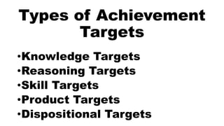 Types of Achievement
Targets
•Knowledge Targets
•Reasoning Targets
•Skill Targets
•Product Targets
•Dispositional Targets
 
