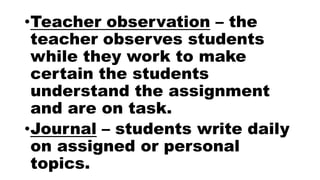 •Teacher observation – the
teacher observes students
while they work to make
certain the students
understand the assignment
and are on task.
•Journal – students write daily
on assigned or personal
topics.
 
