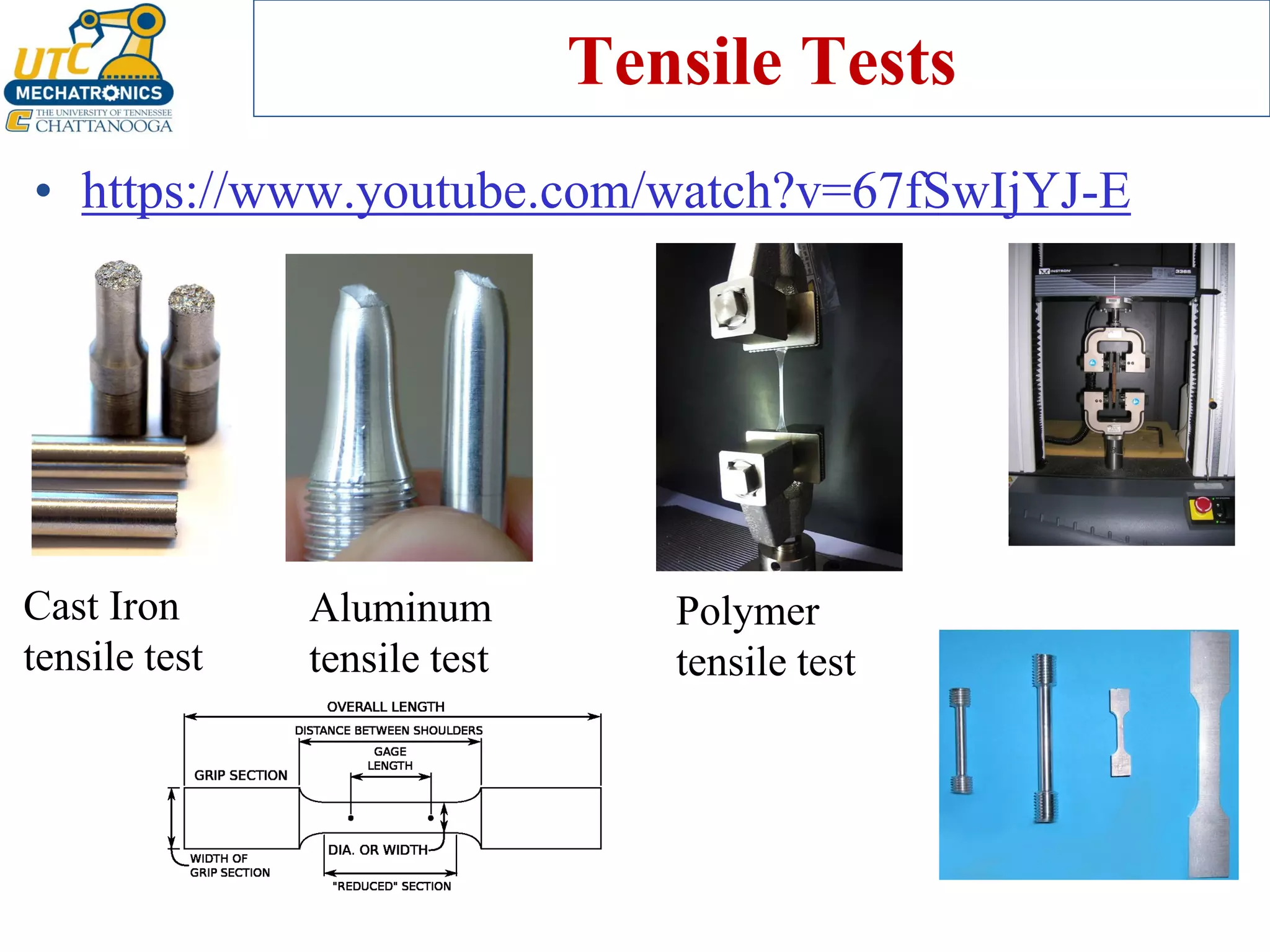 Tensile Tests
• https://www.youtube.com/watch?v=67fSwIjYJ-E
Cast Iron
tensile test
Aluminum
tensile test
Polymer
tensile test
 