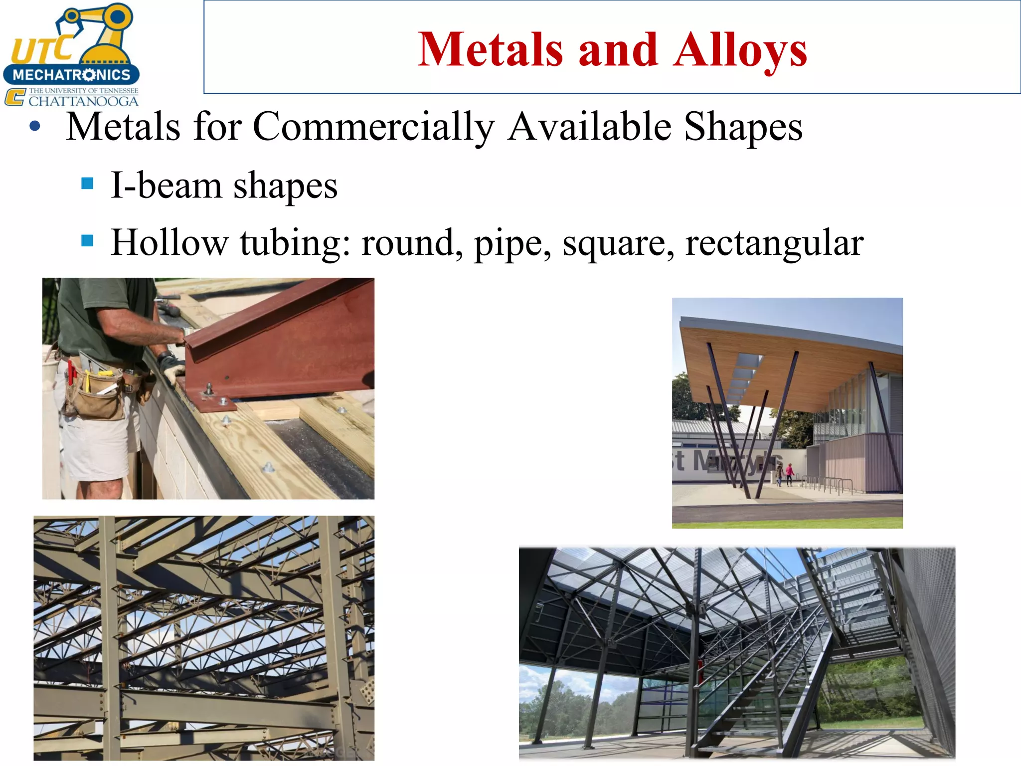 Metals and Alloys
• Metals for Commercially Available Shapes
▪ I-beam shapes
▪ Hollow tubing: round, pipe, square, rectangular
 