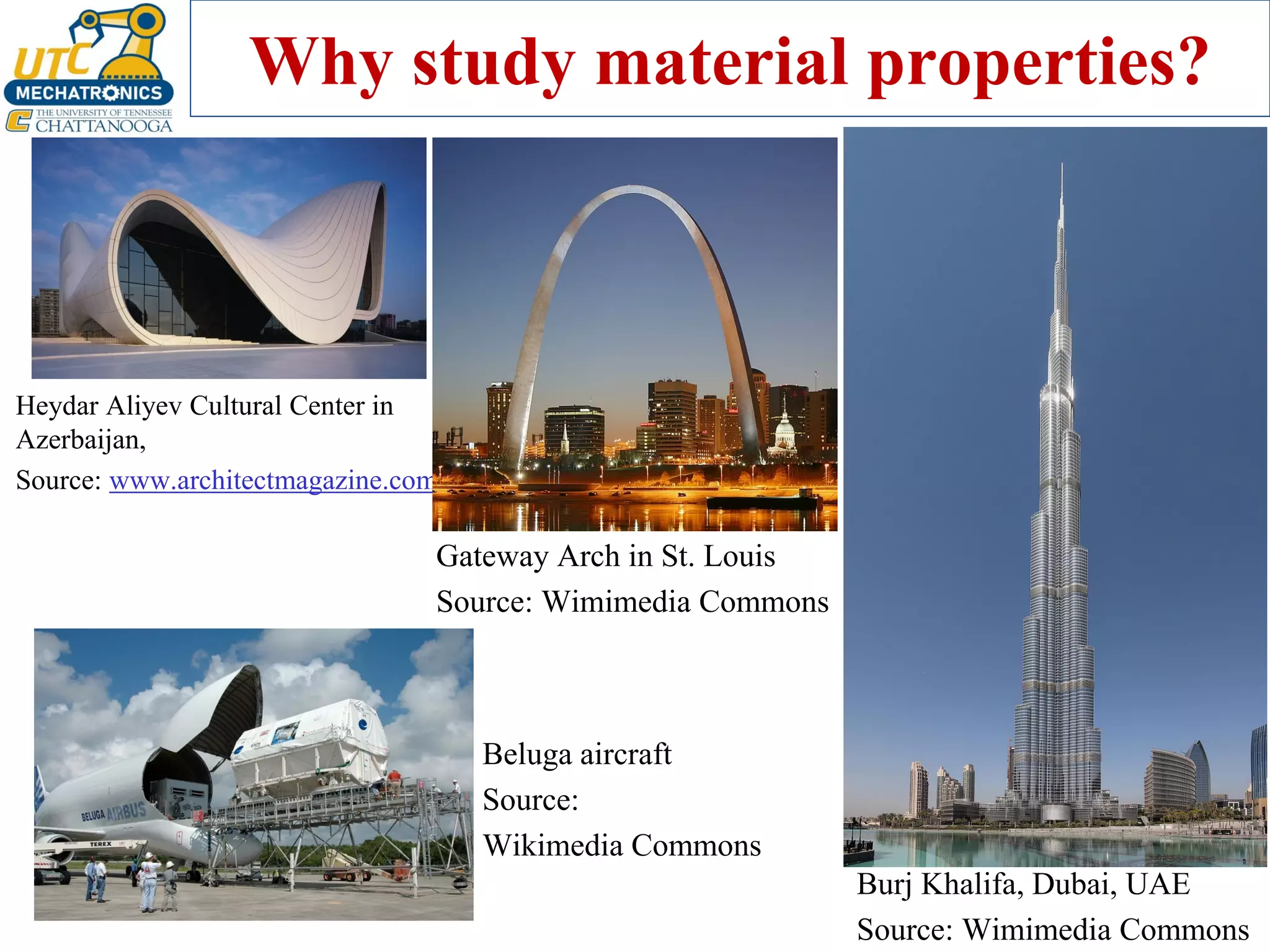 Why study material properties?
Heydar Aliyev Cultural Center in
Azerbaijan,
Source: www.architectmagazine.com
Burj Khalifa, Dubai, UAE
Source: Wimimedia Commons
Gateway Arch in St. Louis
Source: Wimimedia Commons
Beluga aircraft
Source:
Wikimedia Commons
 