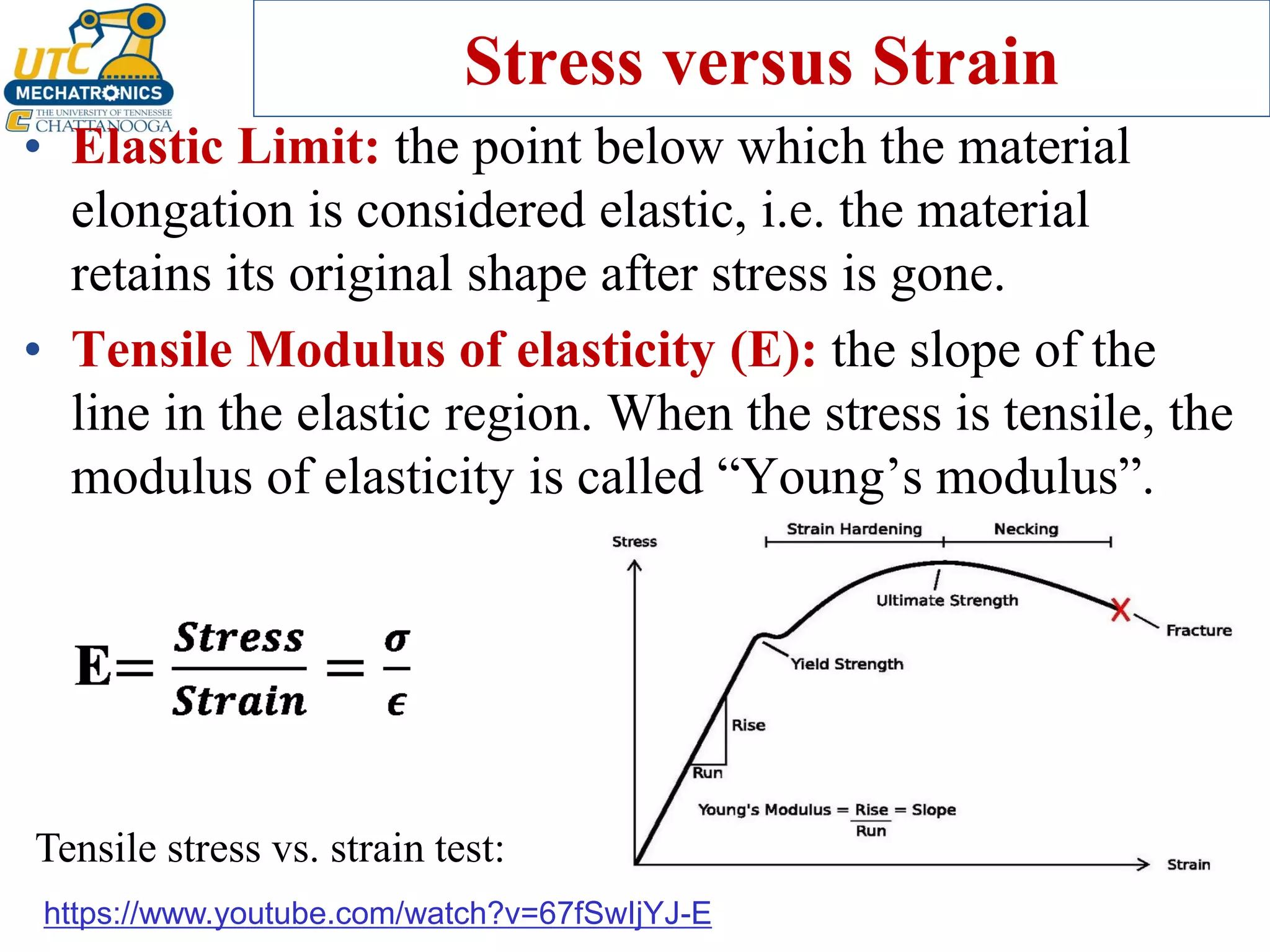 Stress versus Strain
• Elastic Limit: the point below which the material
elongation is considered elastic, i.e. the material
retains its original shape after stress is gone.
• Tensile Modulus of elasticity (E): the slope of the
line in the elastic region. When the stress is tensile, the
modulus of elasticity is called “Young’s modulus”.
https://www.youtube.com/watch?v=67fSwIjYJ-E
Tensile stress vs. strain test:
 