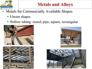 Metals and Alloys
• Metals for Commercially Available Shapes
▪ I-beam shapes
▪ Hollow tubing: round, pipe, square, rectangular
 