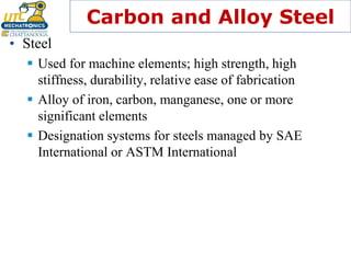 Carbon and Alloy Steel
• Steel
▪ Used for machine elements; high strength, high
stiffness, durability, relative ease of fabrication
▪ Alloy of iron, carbon, manganese, one or more
significant elements
▪ Designation systems for steels managed by SAE
International or ASTM International
 