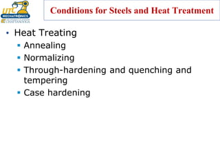 Conditions for Steels and Heat Treatment
• Heat Treating
▪ Annealing
▪ Normalizing
▪ Through-hardening and quenching and
tempering
▪ Case hardening
 