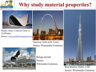Why study material properties?
Heydar Aliyev Cultural Center in
Azerbaijan,
Source: www.architectmagazine.com
Burj Khalifa, Dubai, UAE
Source: Wimimedia Commons
Gateway Arch in St. Louis
Source: Wimimedia Commons
Beluga aircraft
Source:
Wikimedia Commons
 