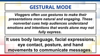 GESTURAL MODE
It uses body language, facial expressions,
eye contact, posture, and hand
movements to communicate messages.
Vloggers often use gestures to make their
presentations more natural and engaging. These
nonverbal cues help audiences understand
emotions and intentions that words alone may not
fully express.
 