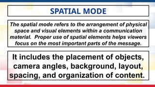 SPATIAL MODE
It includes the placement of objects,
camera angles, background, layout,
spacing, and organization of content.
The spatial mode refers to the arrangement of physical
space and visual elements within a communication
material. Proper use of spatial elements helps viewers
focus on the most important parts of the message.
 