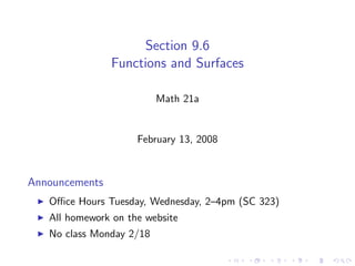 Section 9.6
                Functions and Surfaces

                          Math 21a


                     February 13, 2008



Announcements
   Oﬃce Hours Tuesday, Wednesday, 2–4pm (SC 323)
   All homework on the website
   No class Monday 2/18