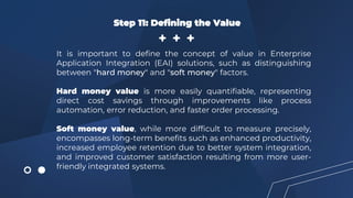 Step 11: Defining the Value
It is important to define the concept of value in Enterprise
Application Integration (EAI) solutions, such as distinguishing
between "hard money" and "soft money" factors.
Hard money value is more easily quantifiable, representing
direct cost savings through improvements like process
automation, error reduction, and faster order processing.
Soft money value, while more difficult to measure precisely,
encompasses long-term benefits such as enhanced productivity,
increased employee retention due to better system integration,
and improved customer satisfaction resulting from more user-
friendly integrated systems.
 