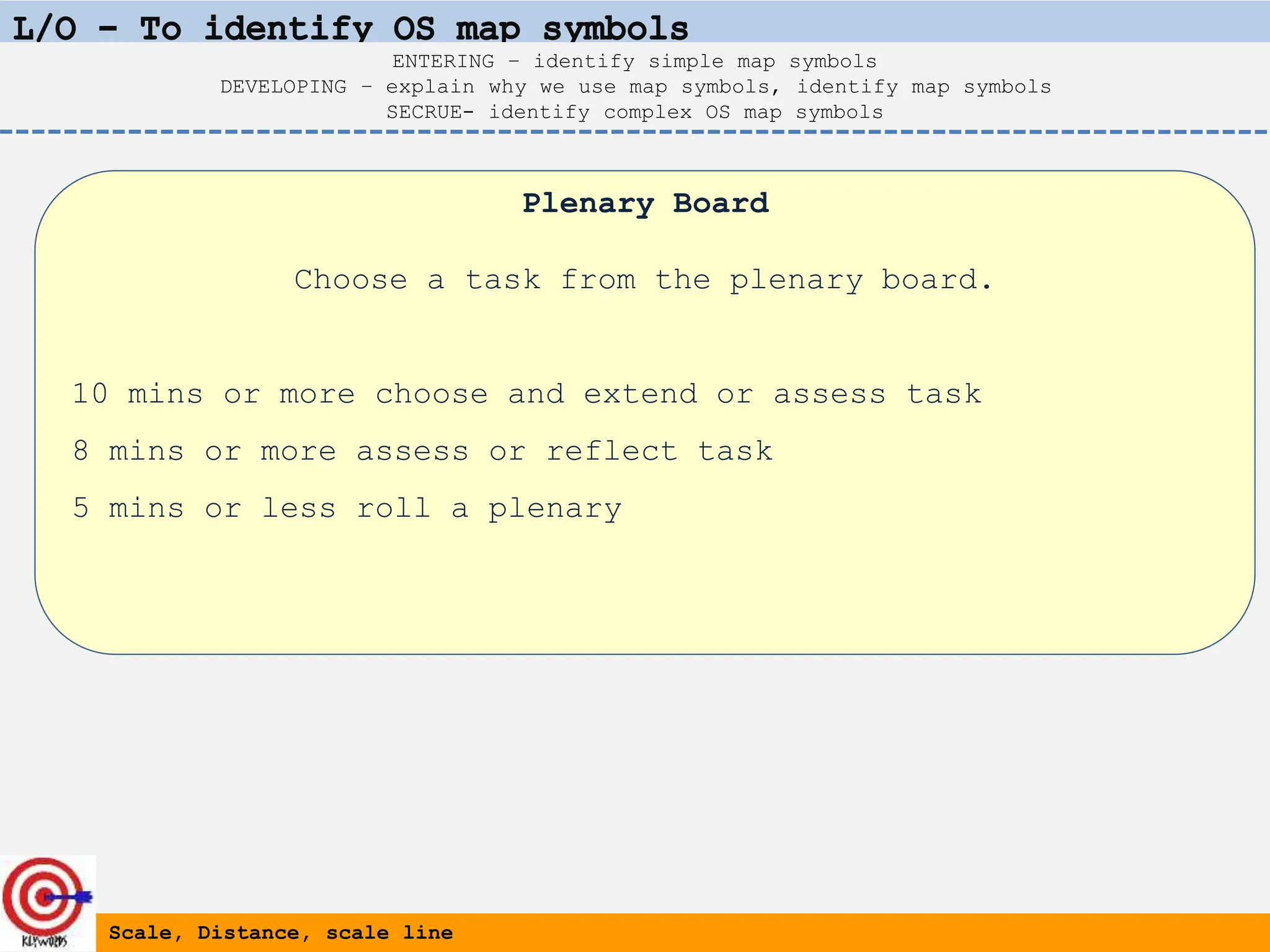 Plenary Board
Choose a task from the plenary board.
10 mins or more choose and extend or assess task
8 mins or more assess or reflect task
5 mins or less roll a plenary
Scale, Distance, scale line
ENTERING – identify simple map symbols
DEVELOPING – explain why we use map symbols, identify map symbols
SECRUE- identify complex OS map symbols
 