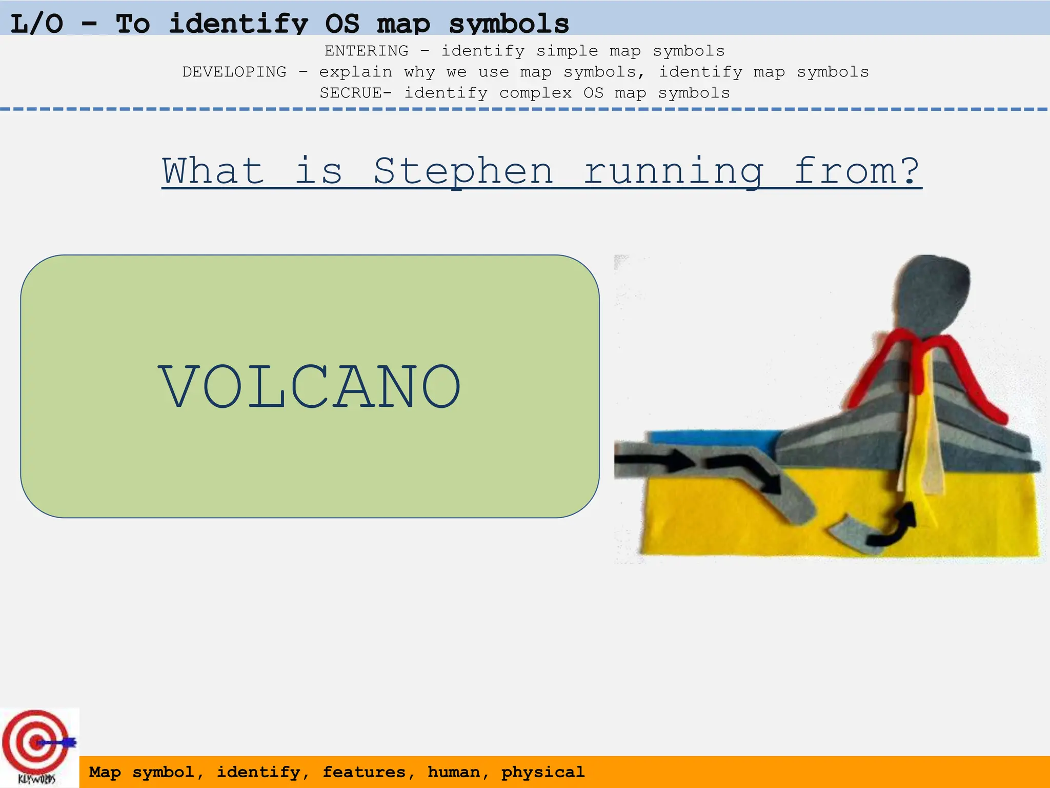 VOLCANO
Map symbol, identify, features, human, physical
ENTERING – identify simple map symbols
DEVELOPING – explain why we use map symbols, identify map symbols
SECRUE- identify complex OS map symbols
What is Stephen running from?
 