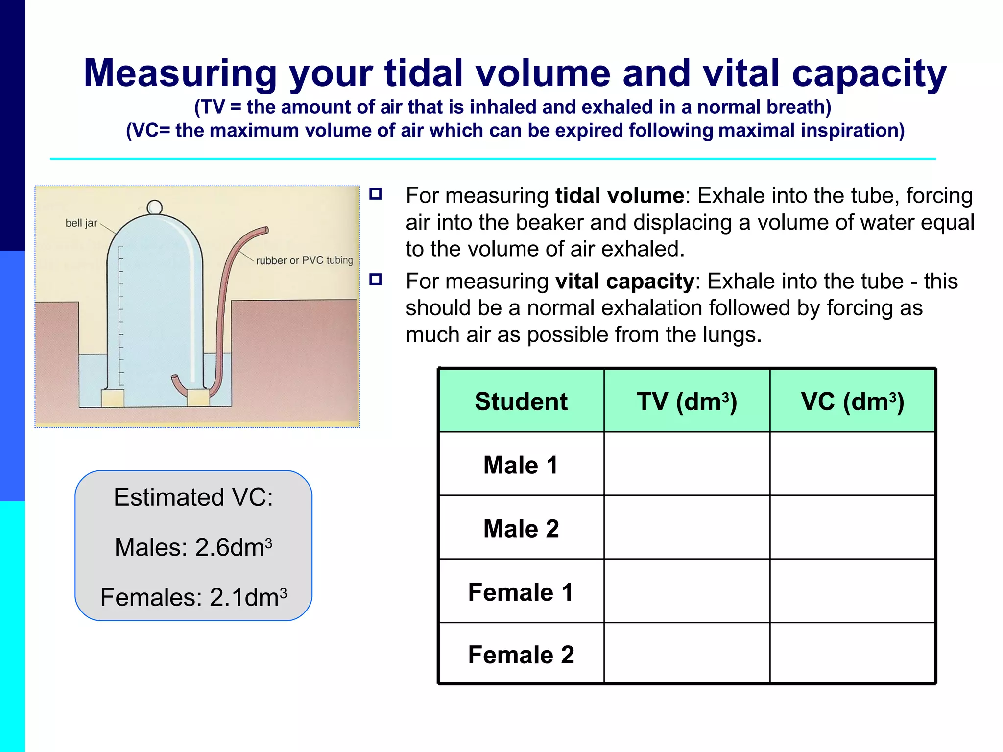 Measuring your tidal volume and vital capacity (TV = the amount of air that is inhaled and exhaled in a normal breath)   (VC= the maximum volume of air which can be expired following maximal inspiration) For measuring  tidal volume : Exhale into the tube, forcing air into the beaker and displacing a volume of water equal to the volume of air exhaled.  For measuring  vital capacity : Exhale into the tube - this should be a normal exhalation followed by forcing as much air as possible from the lungs.       . Estimated VC: Males: 2.6dm 3 Females: 2.1dm 3 Female 2 Female 1 Male 2 Male 1 VC (dm 3 ) TV (dm 3 ) Student 