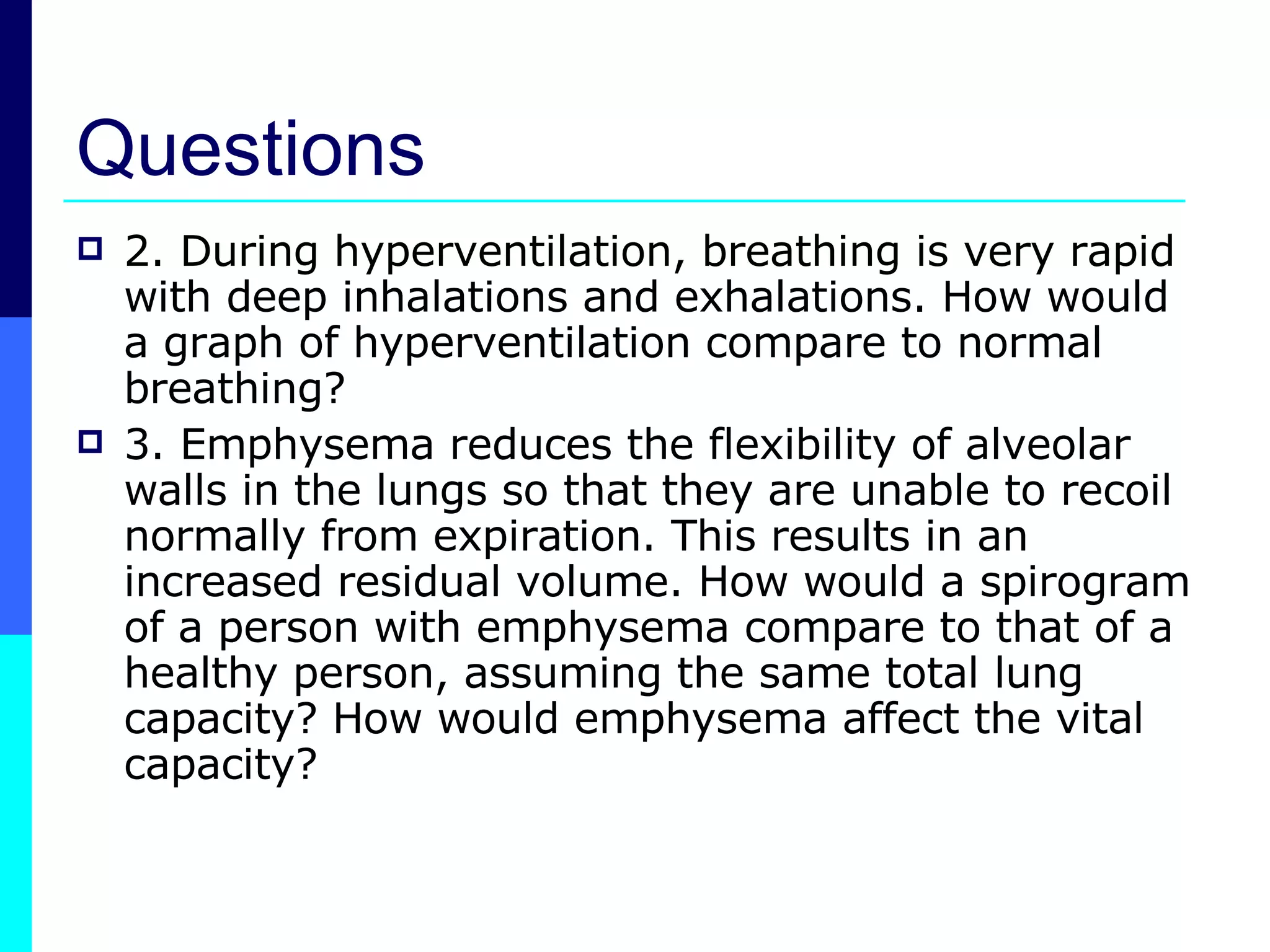 Questions 2. During hyperventilation, breathing is very rapid with deep inhalations and exhalations. How would a graph of hyperventilation compare to normal breathing? 3. Emphysema reduces the flexibility of alveolar walls in the lungs so that they are unable to recoil normally from expiration. This results in an increased residual volume. How would a spirogram of a person with emphysema compare to that of a healthy person, assuming the same total lung capacity? How would emphysema affect the vital capacity?  