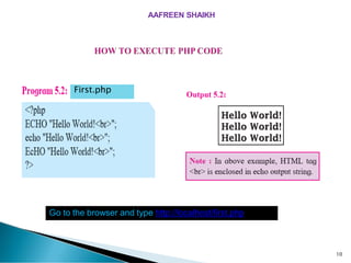Go to the browser and type http://localhost/first.php
10
First.php
AAFREEN SHAIKH
 