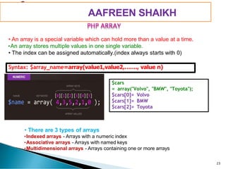 PIMPRI CHINCHWAD EDUCATION TRUST’S
S.B.PATIL COLLEGE OF
Science and Commerce, Ravet
PHP ARRAY
• An array is a special variable which can hold more than a value at a time.
•An array stores multiple values in one single variable.
• The index can be assigned automatically.(index always starts with 0)
Syntax: $array_name=array(value1,value2,……., value n)
$cars
= array("Volvo", "BMW", "Toyota");
$cars[0]= Volvo
$cars[1]= BMW
$cars[2]= Toyota
• There are 3 types of arrays
•Indexed arrays - Arrays with a numeric index
•Associative arrays - Arrays with named keys
•Multidimensional arrays - Arrays containing one or more arrays
23
AAFREEN SHAIKH
 