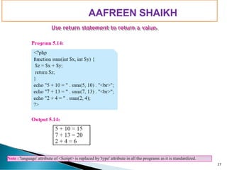Note : 'language' attribute of <Script> is replaced by 'type' attribute in all the programs as it is standardized.
PIMPRI CHINCHWAD EDUCATION TRUST’S
S.B.PATIL COLLEGE OF
Science and Commerce, Ravet
Use return statement to return a value.
27
AAFREEN SHAIKH
 
