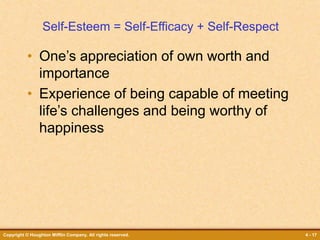 Copyright © Houghton Mifflin Company. All rights reserved. 4 - 17
Self-Esteem = Self-Efficacy + Self-Respect
• One’s appreciation of own worth and
importance
• Experience of being capable of meeting
life’s challenges and being worthy of
happiness
 
