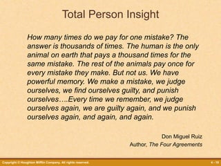 Copyright © Houghton Mifflin Company. All rights reserved. 4 - 19
Total Person Insight
How many times do we pay for one mistake? The
answer is thousands of times. The human is the only
animal on earth that pays a thousand times for the
same mistake. The rest of the animals pay once for
every mistake they make. But not us. We have
powerful memory. We make a mistake, we judge
ourselves, we find ourselves guilty, and punish
ourselves….Every time we remember, we judge
ourselves again, we are guilty again, and we punish
ourselves again, and again, and again.
Don Miguel Ruiz
Author, The Four Agreements
 