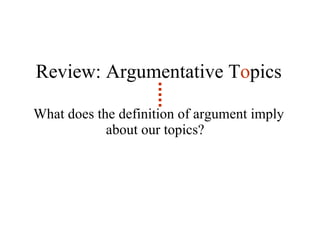 Review: Argumentative T o pics What does the definition of argument imply about our topics?  