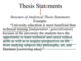 Thesis Stat e ments Structure of Analytical Thesis Statements Example: “ University education is more beneficial than technical training [ independent  /  generalization ] because at the university the students have the opportunity to learn technical and career related skills as well as to acquire perspectives on life from studying subjects like philosophy, art, and literature [ restricting idea ] . ” 