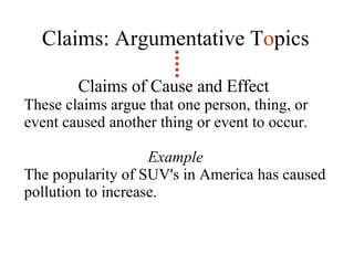 Claims: Argumentative T o pics Claims of Cause and Effect   These claims argue that one person, thing, or event caused another thing or event to occur.  Example The popularity of SUV's in America has caused pollution to increase. 