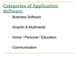 Categories of Application
Software
Business Software
Graphic & Multimedia
Home / Personal / Education
Communication
 