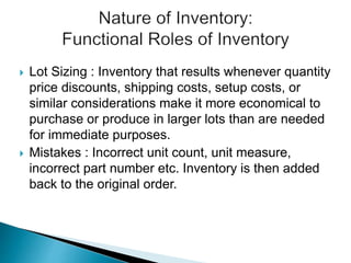  Lot Sizing : Inventory that results whenever quantity
price discounts, shipping costs, setup costs, or
similar considerations make it more economical to
purchase or produce in larger lots than are needed
for immediate purposes.
 Mistakes : Incorrect unit count, unit measure,
incorrect part number etc. Inventory is then added
back to the original order.
 