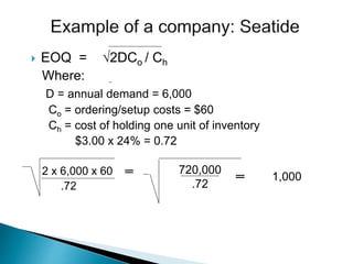  EOQ = √2DCo / Ch
Where:
D = annual demand = 6,000
Co = ordering/setup costs = $60
Ch = cost of holding one unit of inventory
$3.00 x 24% = 0.72
2 x 6,000 x 60 ═
.72
720,000
.72
1,000═
 
