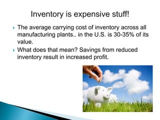  The average carrying cost of inventory across all
manufacturing plants.. in the U.S. is 30-35% of its
value.
 What does that mean? Savings from reduced
inventory result in increased profit.
 