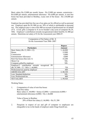 Basic salary Rs.12,000 per month, bonus : Rs.12,000 per annum, commission :
Rs.6,000 per annum, entertainment allowance : Rs.4,000 per annum, A rent free
house has been provided in Bombay, Lease rent of the house : Rs.1,50,000 per
annum.

Employer has provided him free use of an optra car for official as well as personal
use. Employer spent Rs.50, 000 on car, 30% of which is attributable to personal
use. The employer pays a sum of Rs.400 on account of professional tax on behalf
of X. A Ltd. gifts a computer to X on its founder’s day (cost of computer Rs.24,
560). Employer’s contribution towards recognized provident fund Rs.18, 000 per
annum. Determine net salary of X for the Assessment year 2006-07.

                       Computation of Net Salary of Mr. X
                       for the Assessment Year 2006 -2007

                                                                 Rupees
                      Particulars                                Amount
Basic Salary (Rs.12, 000 x 12)                                   1, 44,000
Bonus                                                               12,000
Commission                                                           6,000
Entertainment Allowance                                              4,000
Rent free house (See note 1)                                        33,200
Motor Car                                                             NIL
Computer gifted by employer                                           NIL
Employer’s contribution towards recognized PF
(Rs.18, 000 - 12 / 100 x 1, 44,000)                                     720
Professional tax paid by employer                                       400
GROSS SALARY                                                      2, 00,320
Less: Standard deduction                                               NIL
Less: Professional tax                                                  400
NET SALARY                                                        1, 99,920

Working Notes:

1.     Computation of value of rent free house
       Rent free salary
       Basic salary (1, 44,000) + bonus (12,000) + commission (6,000) +
       entertainment allowance (4,000) = Rs.1, 66,000

       Value of house in Bombay
              20% of Rent free salary (1, 66,000) = Rs.33, 200

2.     Perquisite in respect of car and gift of computer to employees are
       chargeable to tax in the hands of employer under fringe benefit tax.




                                                                                63
 